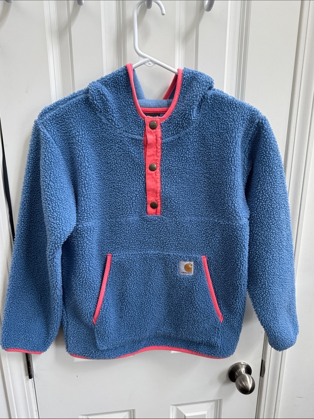 Carhartt Kids Blue Sherpa Hoodie with Pink Trim